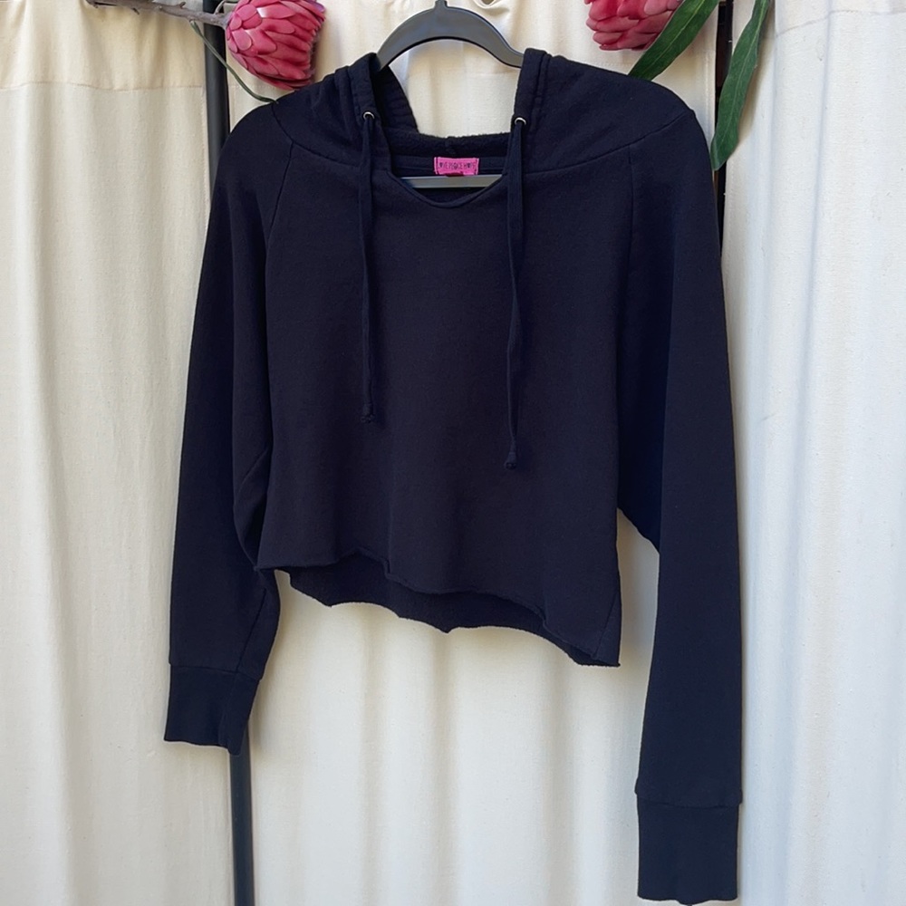 ❗️DONATED❗️ BLACK DISTRESSED CROP TOP PULLOVER HOODIE SMALL - Picture 3 of 10